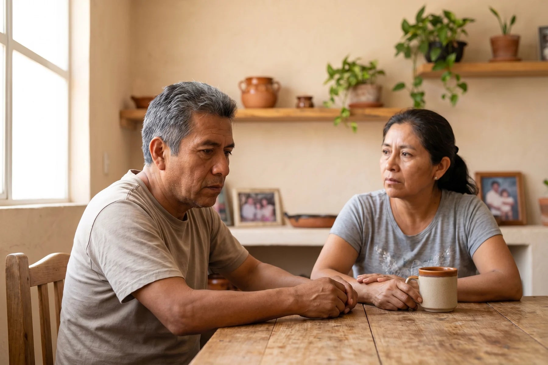 Pareja mexicana madura en la sala; él cabizbajo, ella con la mano en su hombro.