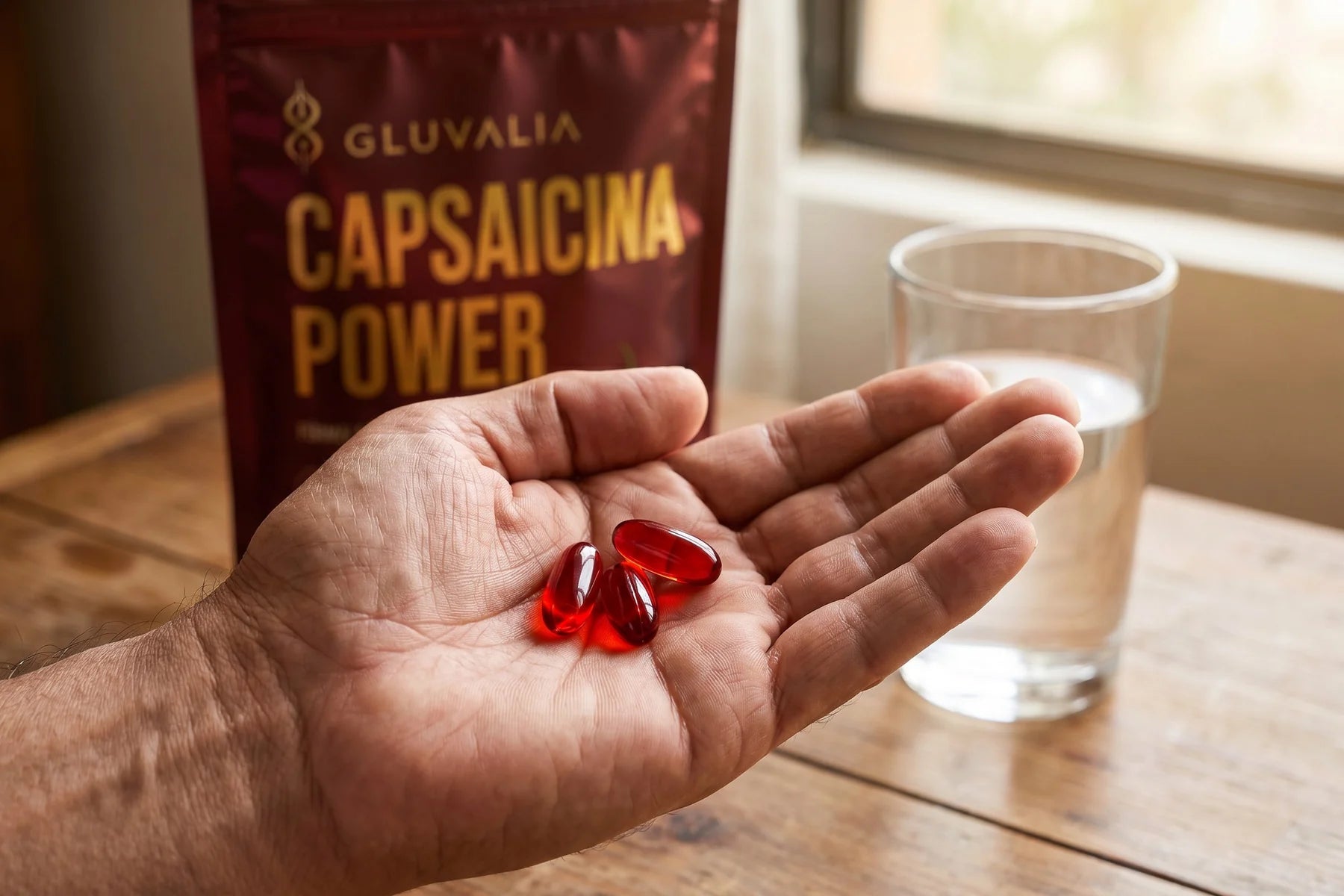 Mano de hombre madura sosteniendo 3 softgels rojos de GLUVALIA junto a un vaso de agua.