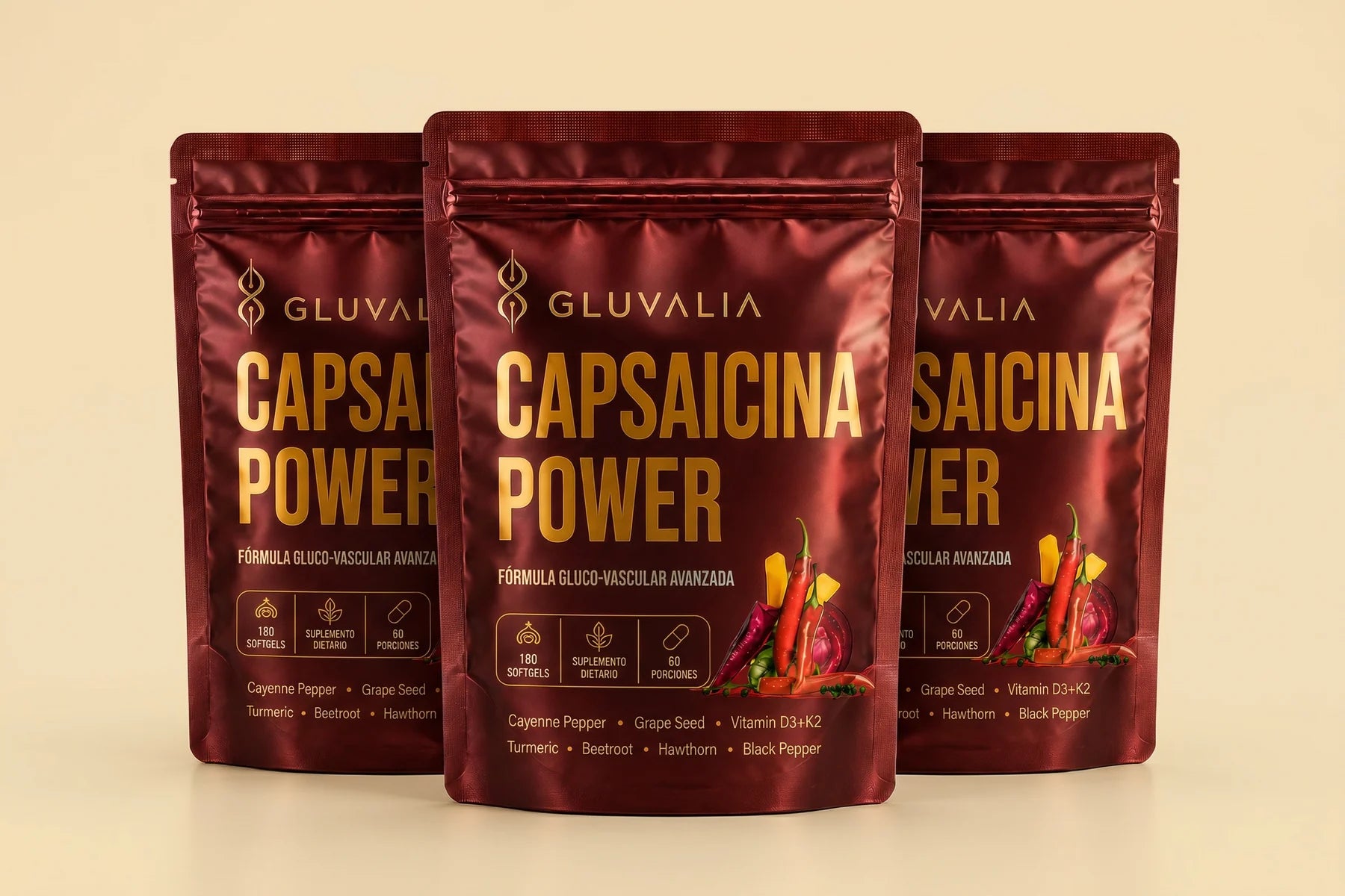 Empaque de GLUVALIA Capsaicina Power, packshot editorial premium.