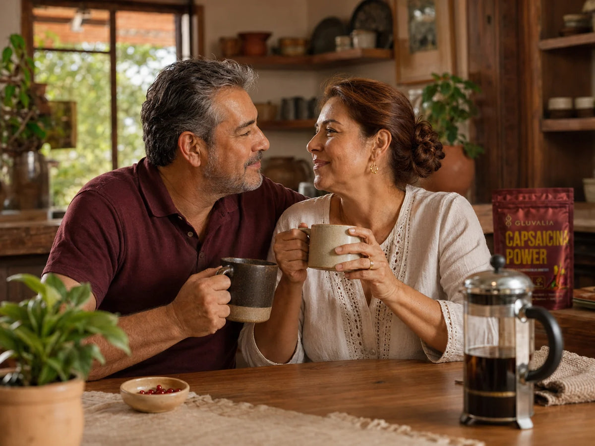 Pareja mexicana adulta conversando en casa con GLUVALIA.