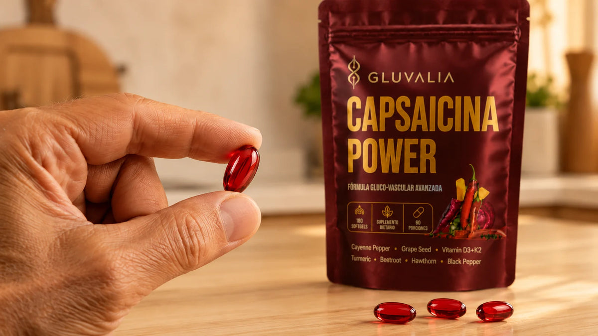Mano sosteniendo un softgel rojo de GLUVALIA.