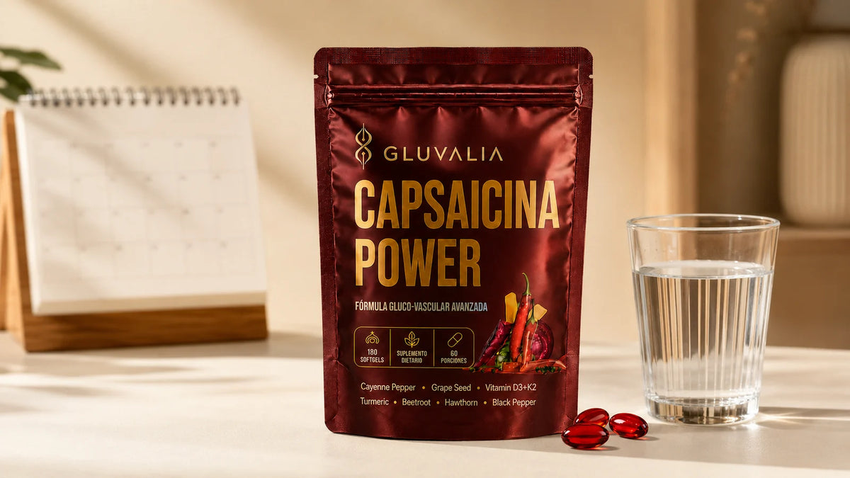 GLUVALIA junto a calendario y vaso de agua como protocolo diario.