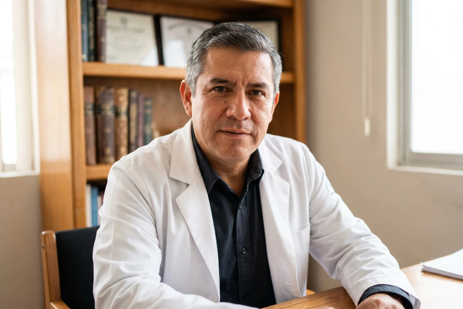 Especialista en salud masculina en su consultorio, con libros y diplomas al fondo.