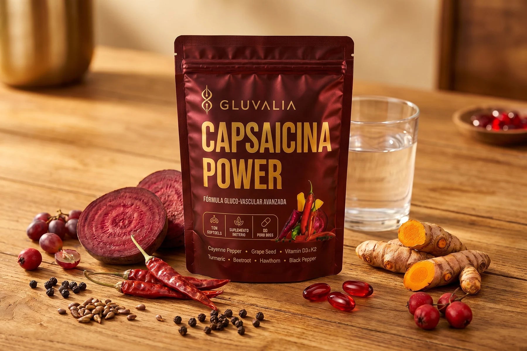 Empaque GLUVALIA rodeado de cayena, betabel, semilla de uva, cúrcuma y softgels.