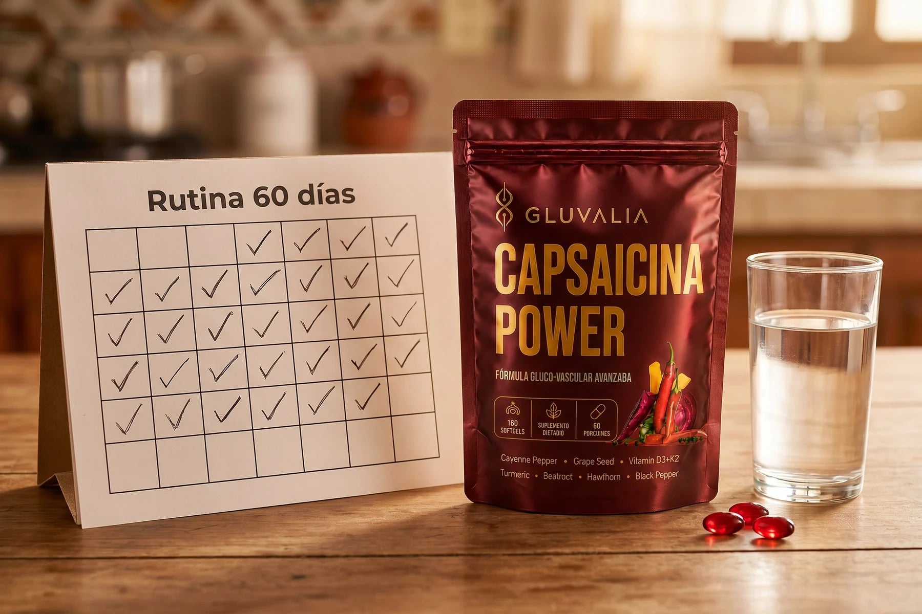 Calendario de protocolo de 60 días junto al empaque GLUVALIA.