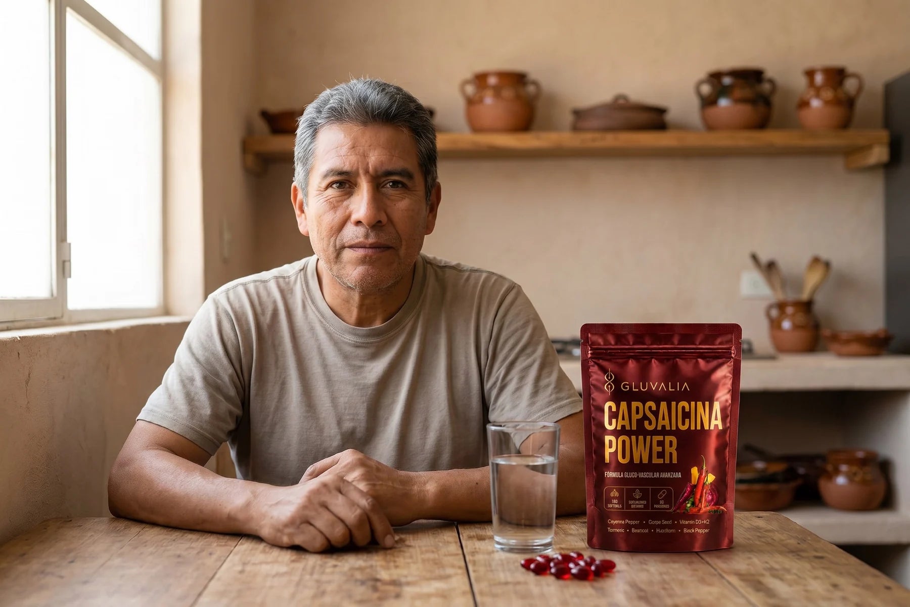 Hombre mexicano de 58 años en su cocina con GLUVALIA sobre la mesa, expresión tranquila.
