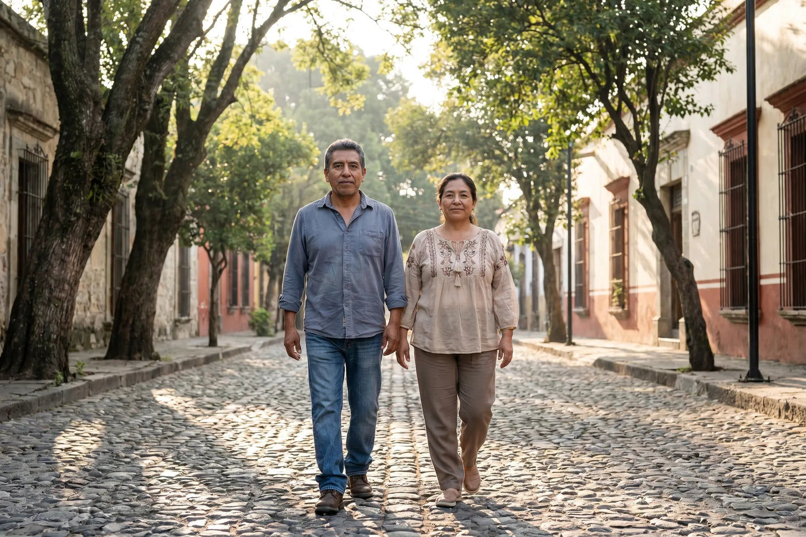 Pareja mexicana madura caminando de mañana por una calle tranquila, luz dorada.