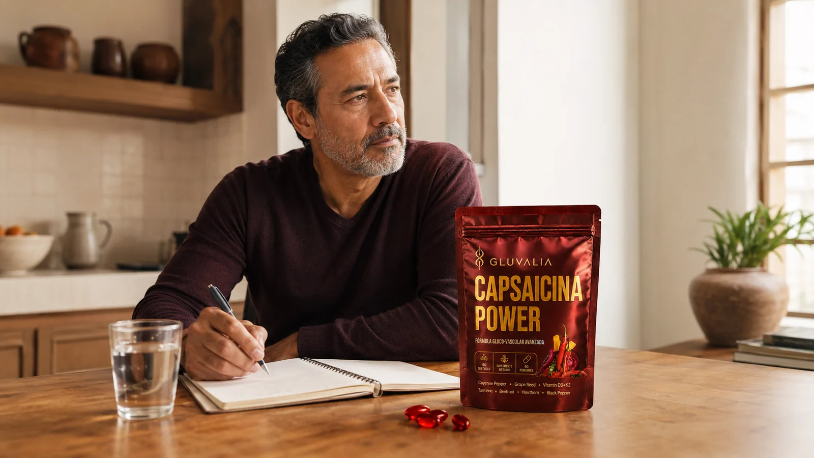Hombre mexicano adulto escribiendo junto a GLUVALIA Capsaicina Power.