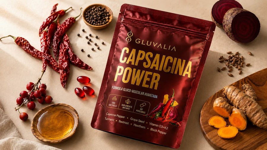 Ingredientes de GLUVALIA Capsaicina Power con pouch y softgels.