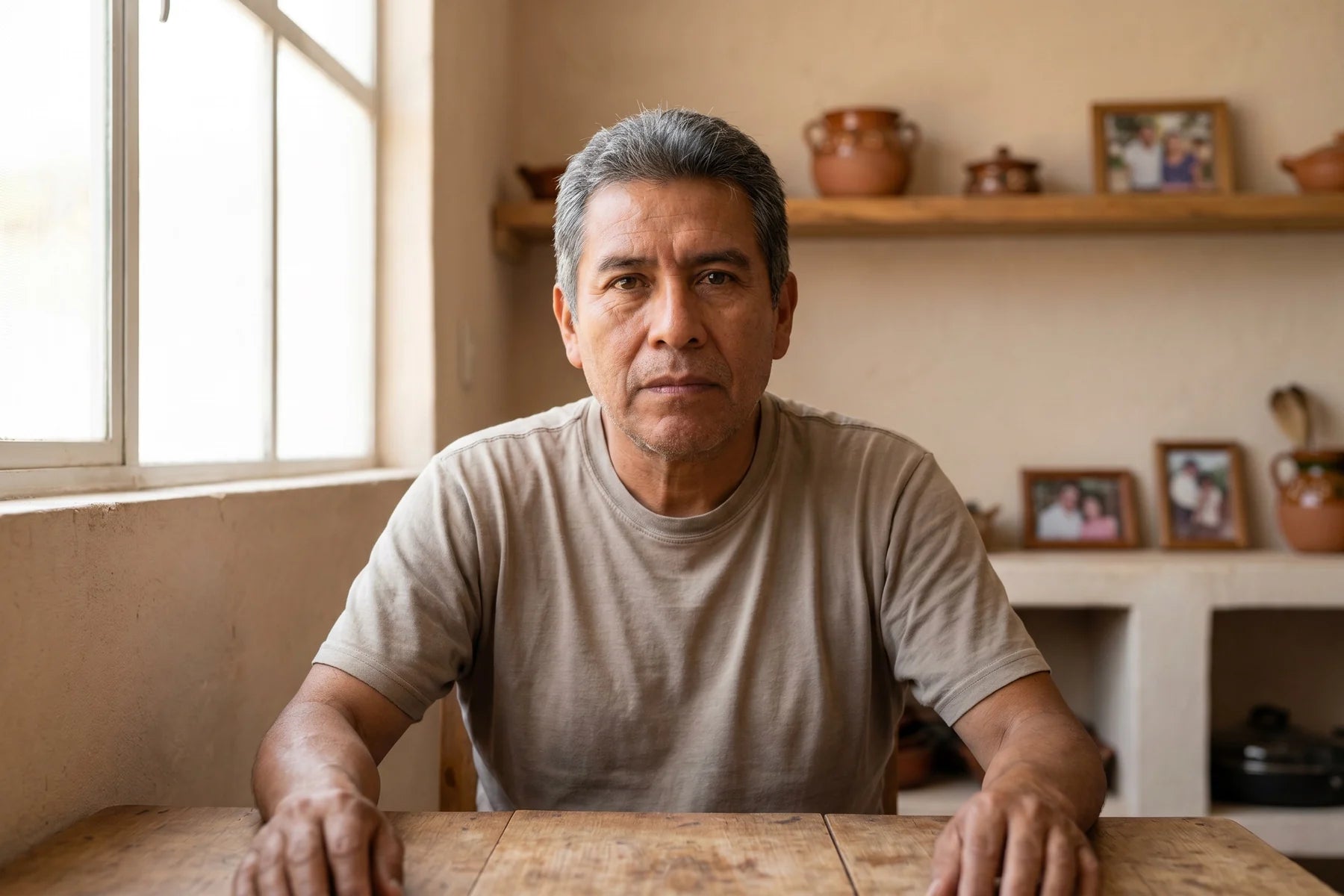 Hombre mexicano de 56 años, mirada directa, con el empaque de GLUVALIA Capsaicina Power y un vaso de agua.